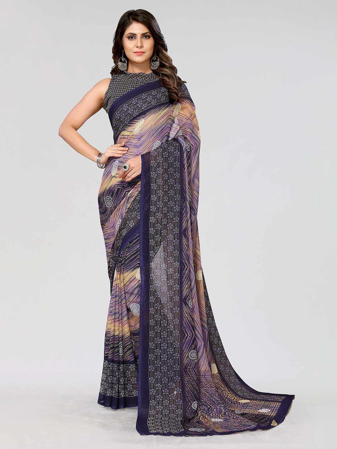 

KALINI Ethnic Motifs Printed Saree, Navy blue