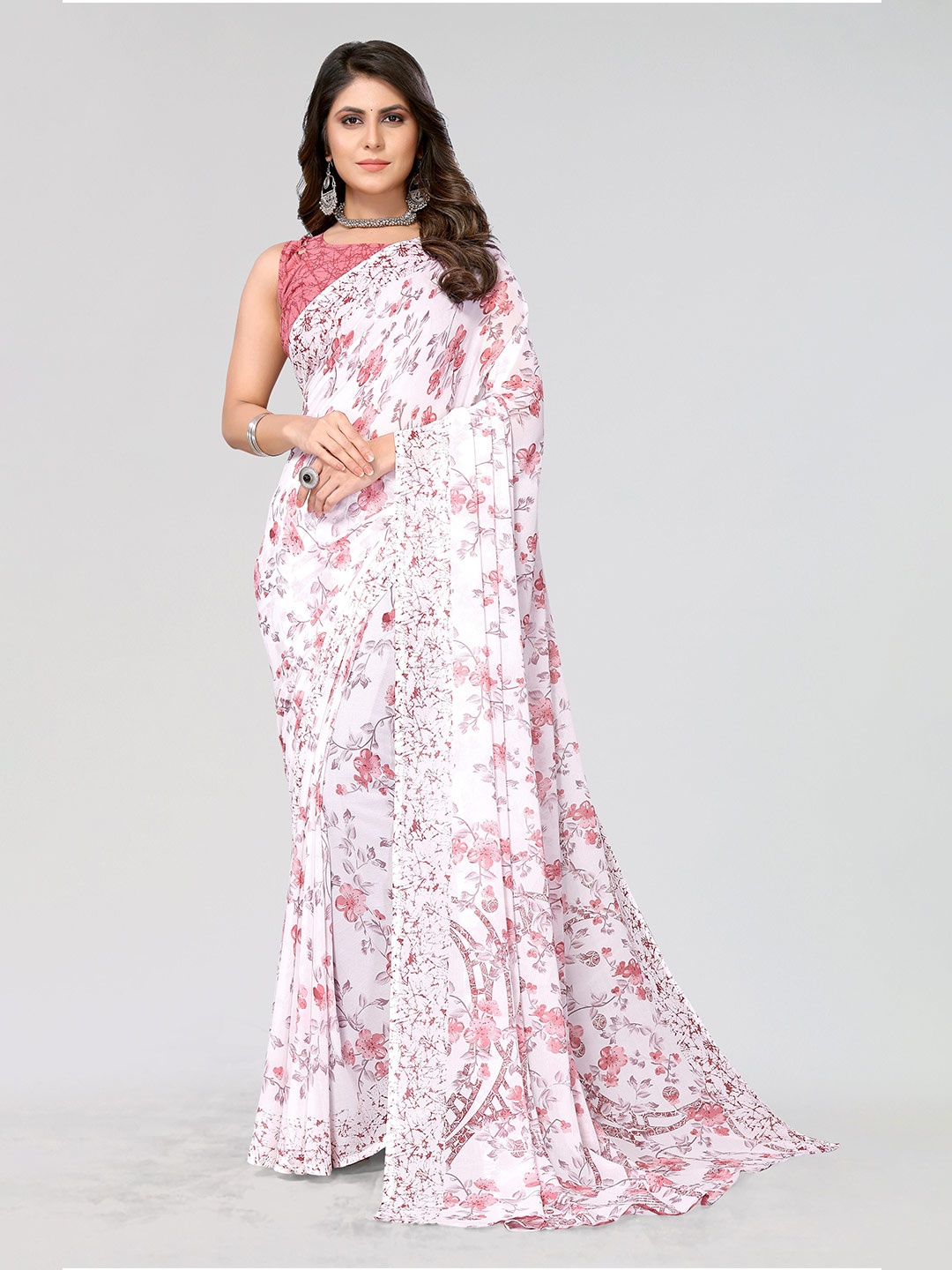 

KALINI Floral Printed Saree, Peach