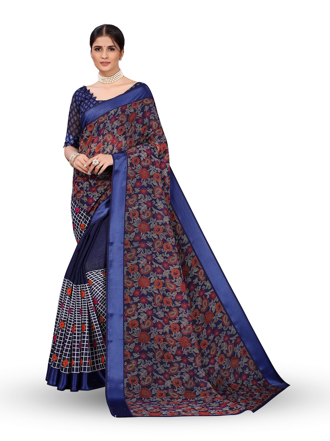 

KALINI Paisley Printed Saree, Navy blue