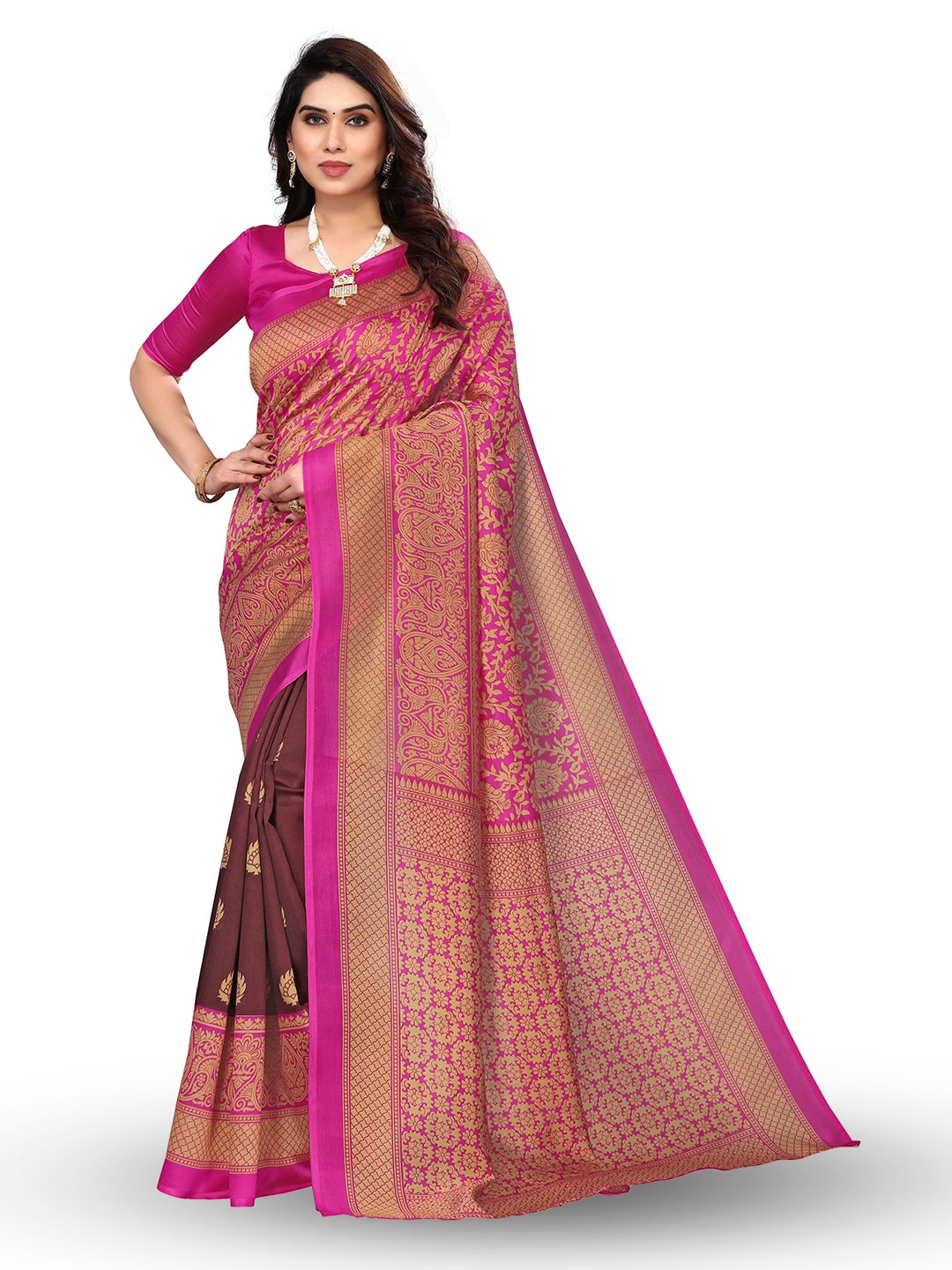 

KALINI Ethnic Motifs Printed Art Silk Banarasi Saree, Purple