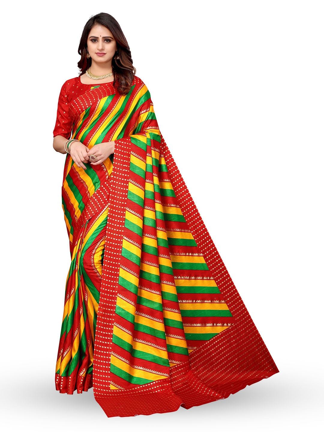 

KALINI Striped Printed Border Saree, Red