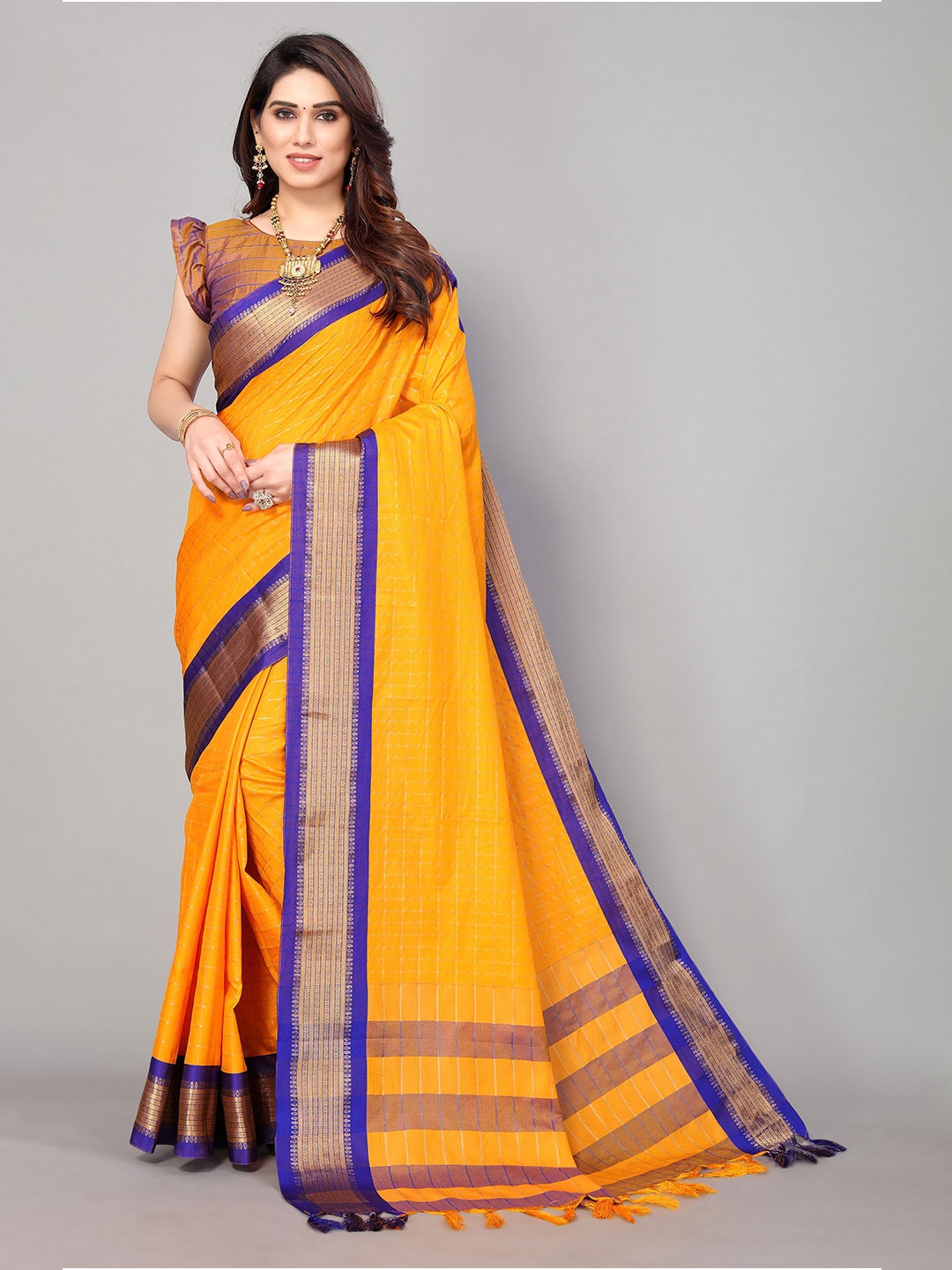 

KALINI Checked Woven Design Zari Banarasi Saree, Yellow