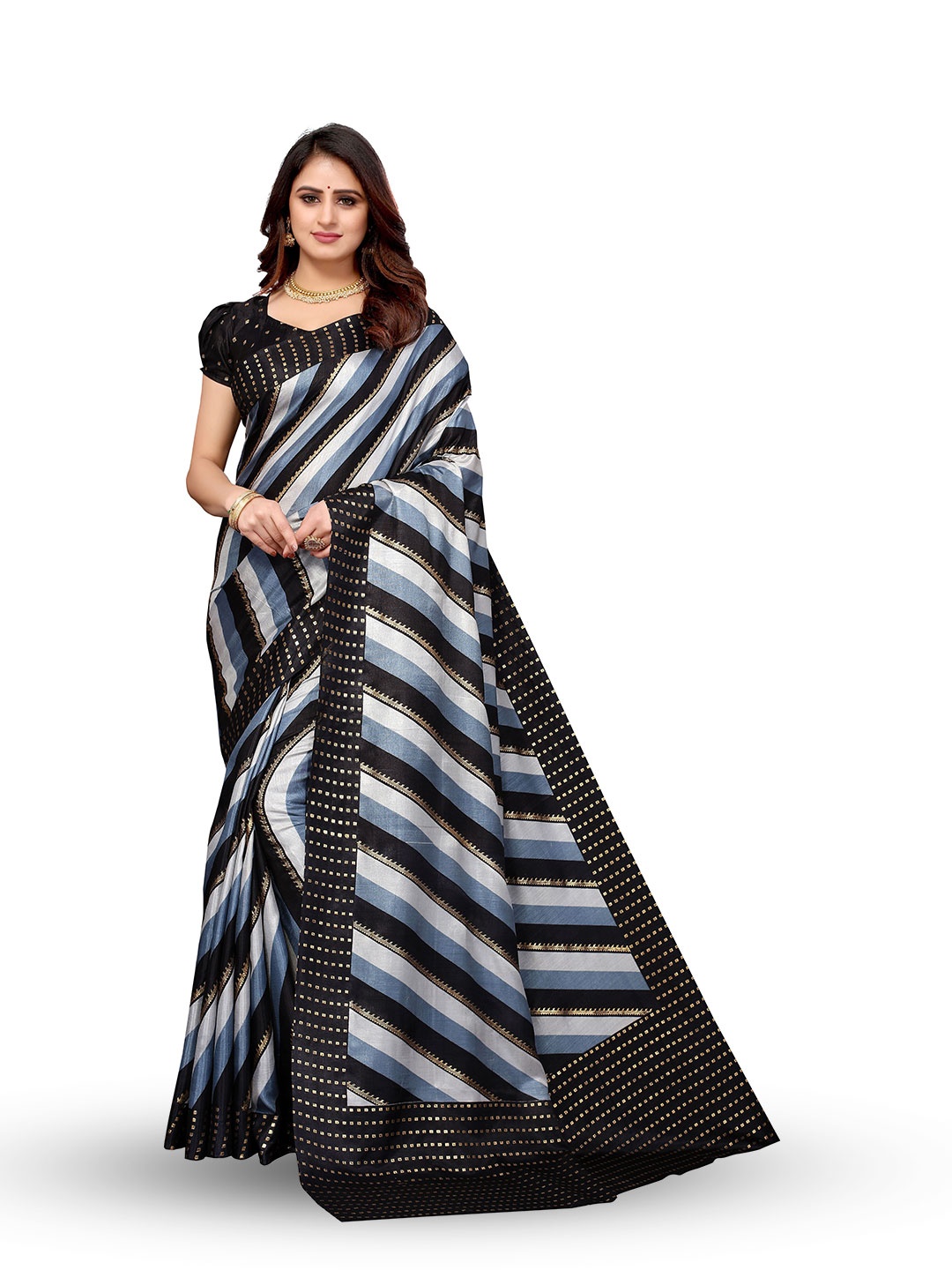 

KALINI Striped Printed Border Saree, Black