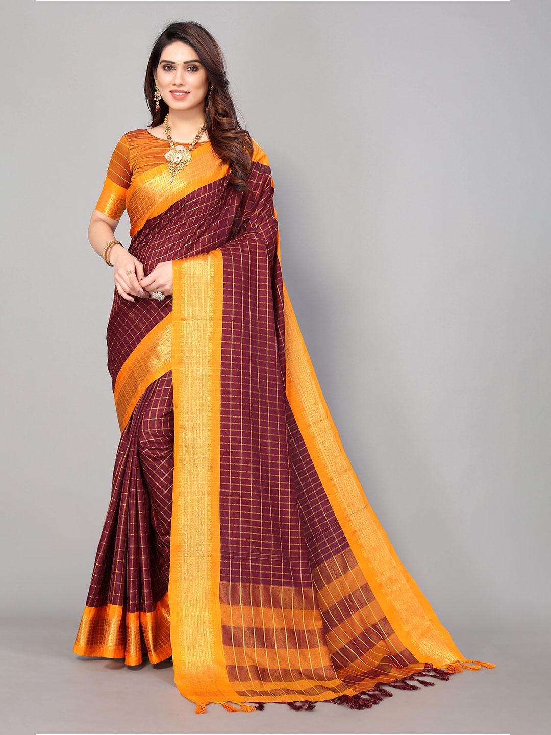 

KALINI Checked Zari Detailed Saree, Maroon