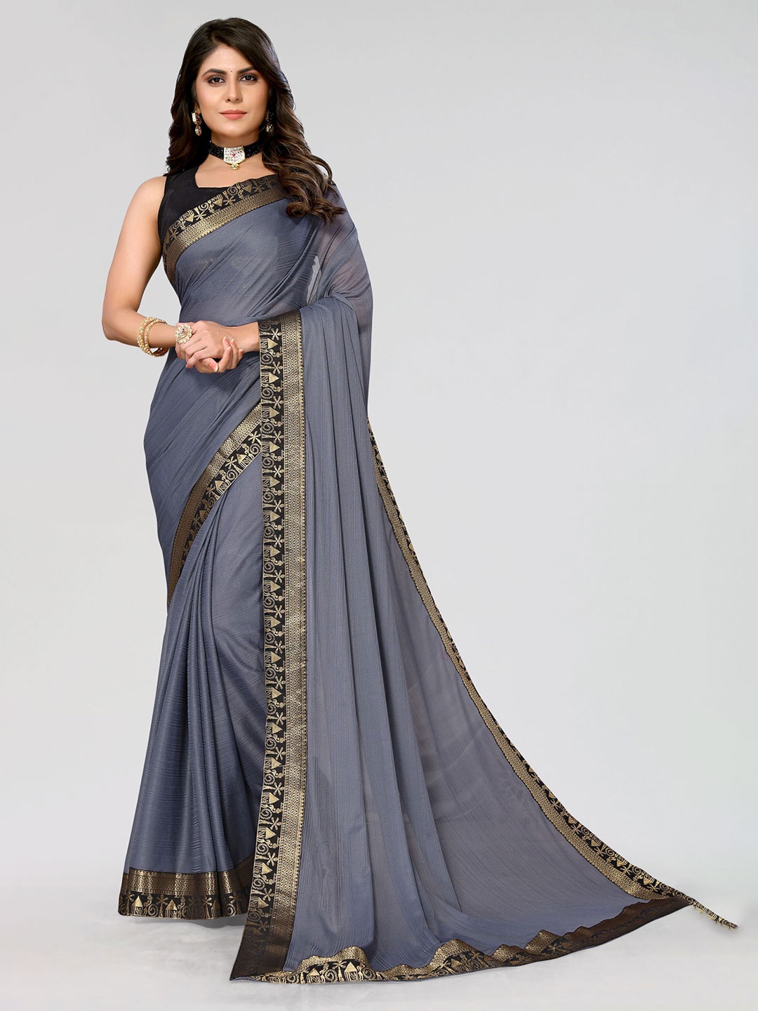 

KALINI Zari Poly Georgette Saree, Grey