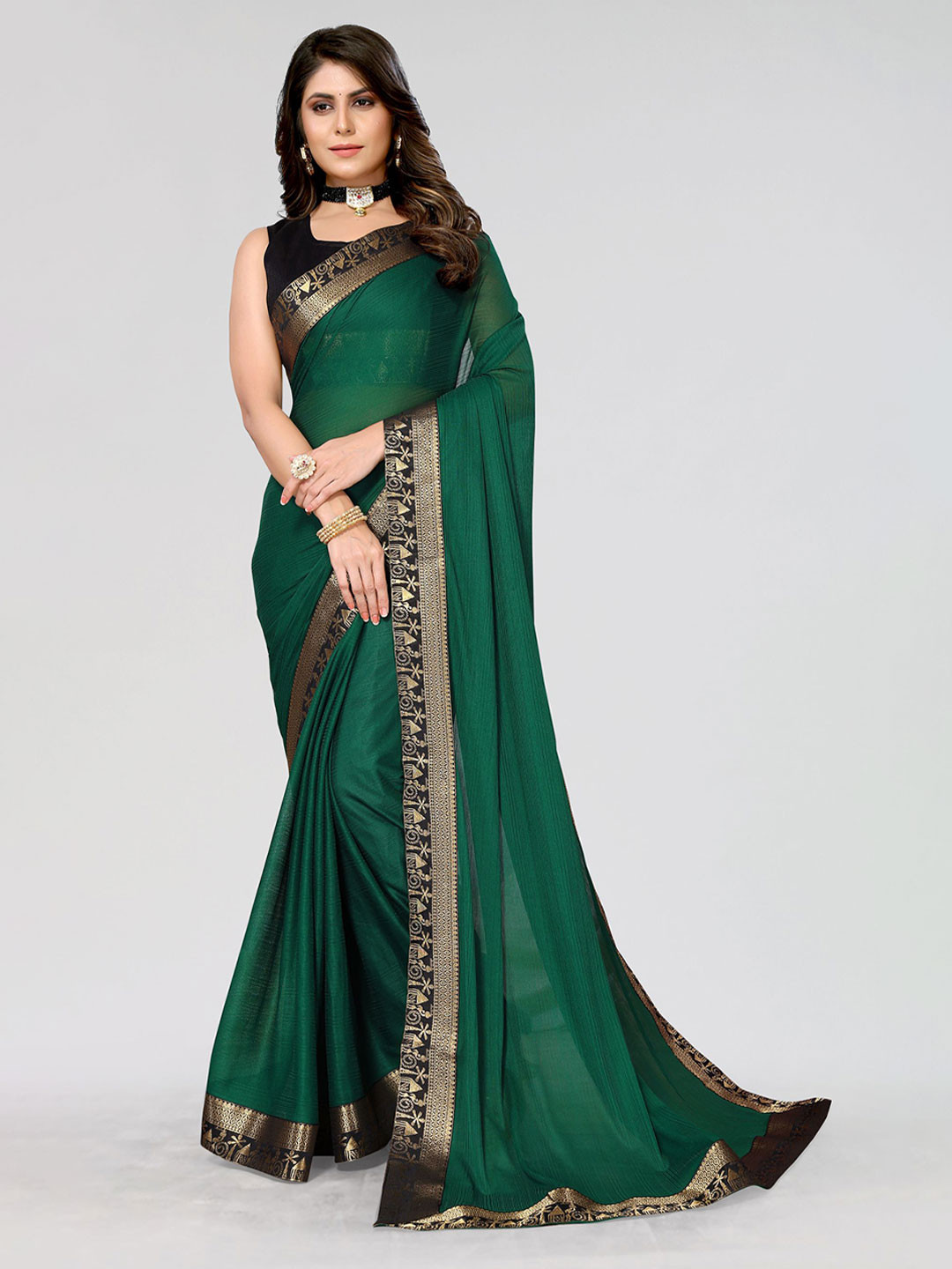 

KALINI Solid Zari Saree, Green