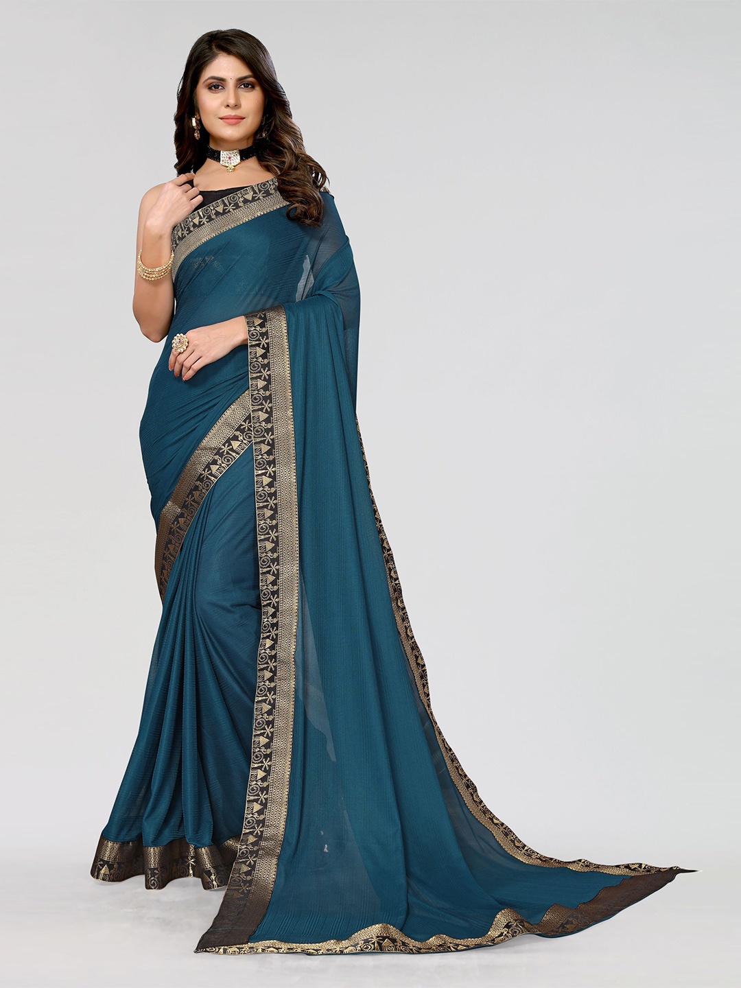 

KALINI Zari Poly Georgette Saree, Teal