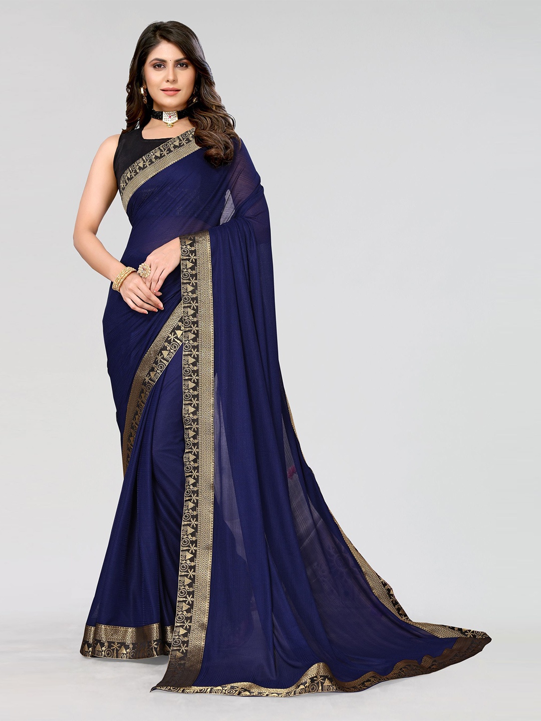 

KALINI Woven Design Border Zari Saree, Navy blue