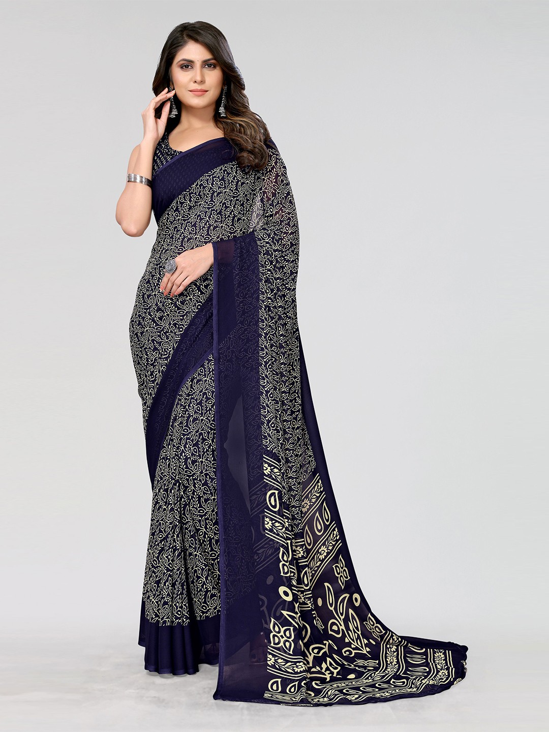 

KALINI Floral Printed Saree, Navy blue
