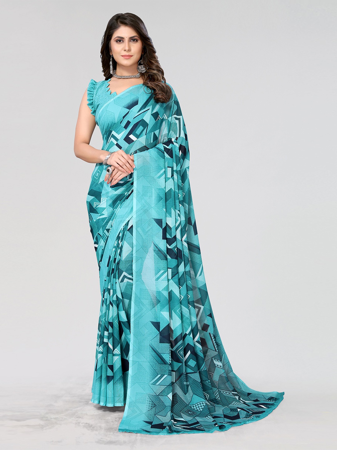 

KALINI Geometric Printed Saree, Sea green