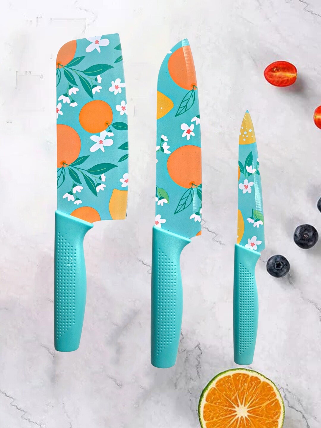 

YELONA 3 Pcs Blue Printed Stainless Steel Chef Knives With Cover