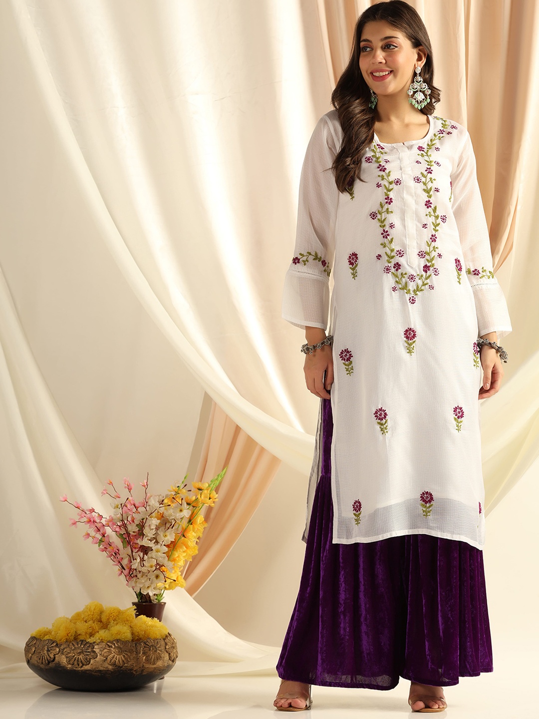 

SHADES Floral Embroidered Regular Pure Cotton Kurta With Sharara, White