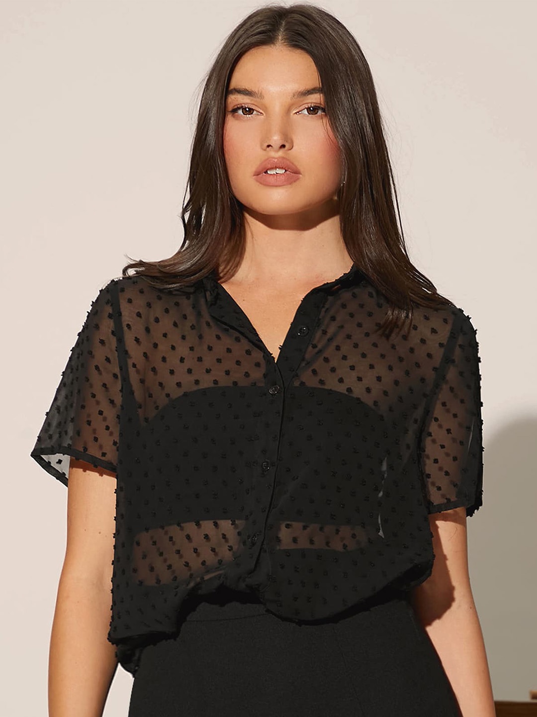 

AAHWAN Self Designed Spread Collar Semi Sheer Oversized Shirt, Black