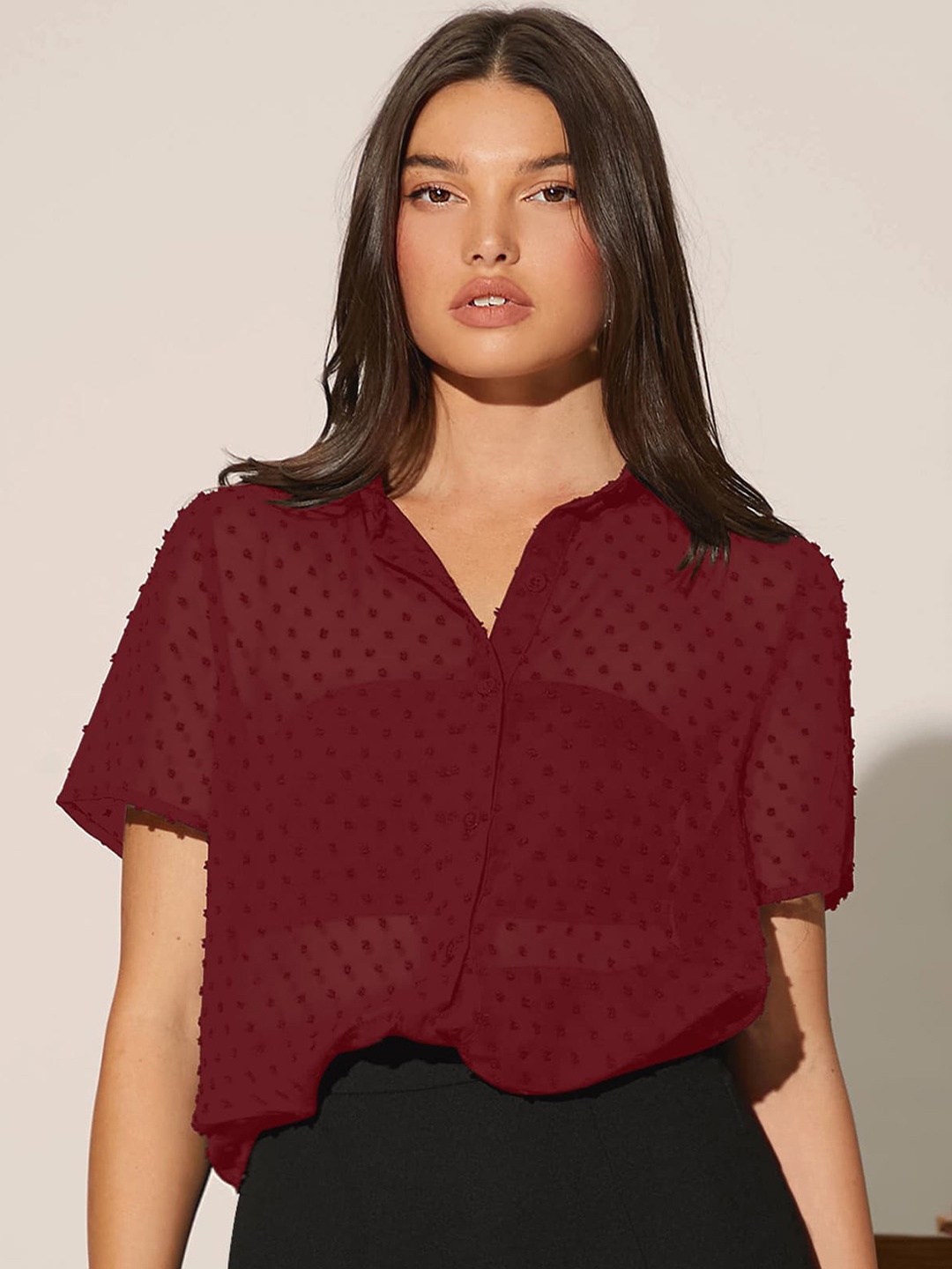 

AAHWAN Self Designed Spread Collar Semi Sheer Oversized Shirt, Maroon