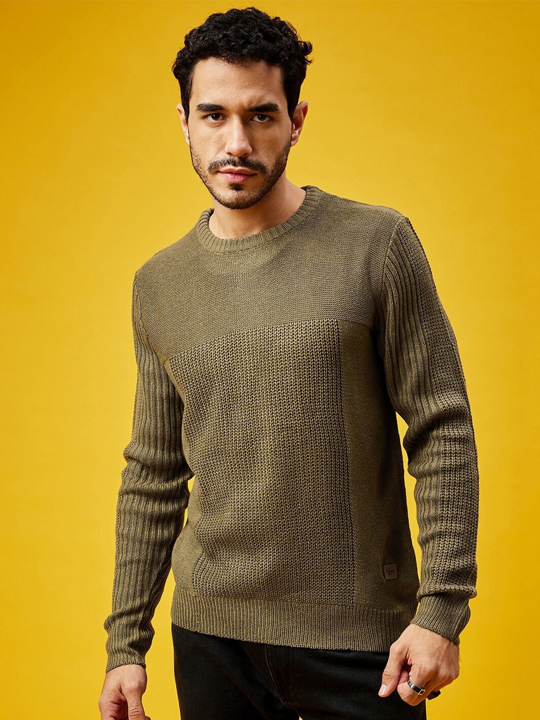 

Roadster Olive Green Ribbed Long Sleeves Knitted Pure Acrylic Pullover Sweater