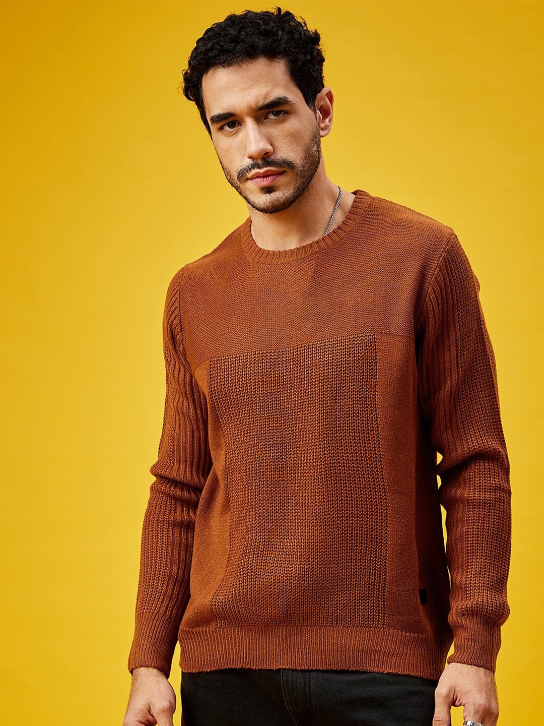 

Roadster Copper Coloured Ribbed Long Sleeves Knitted Pure Acrylic Pullover Sweater
