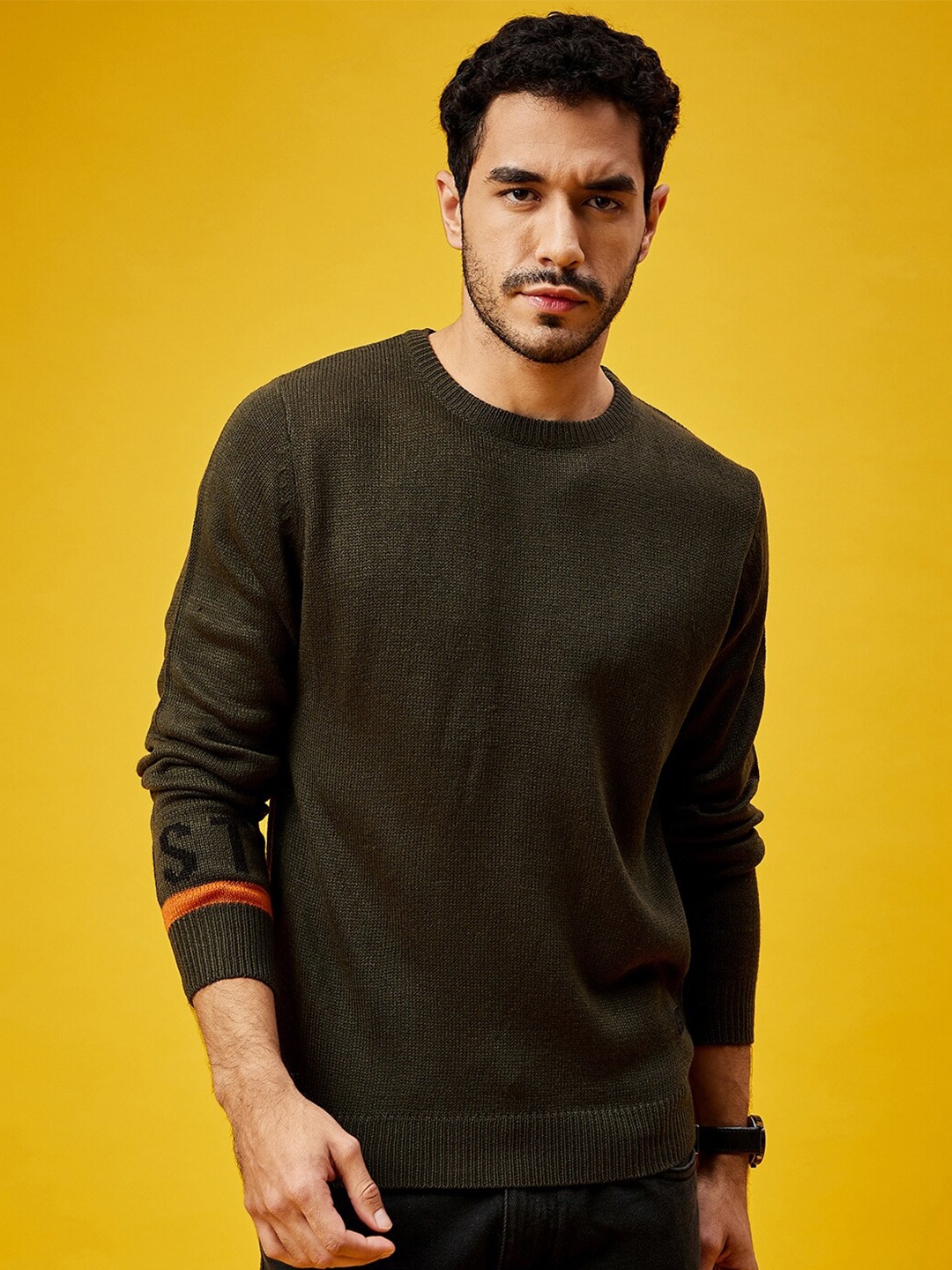 

Roadster Green Ribbed Long Sleeves Knitted Pure Acrylic Pullover Sweater