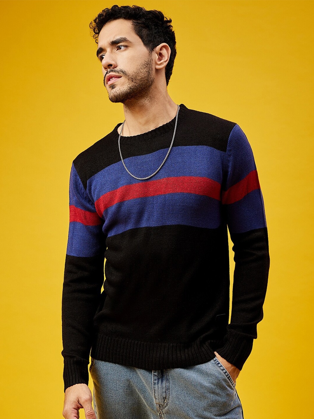 

Roadster Colourblocked Round Neck Woollen Pullover Sweater, Black