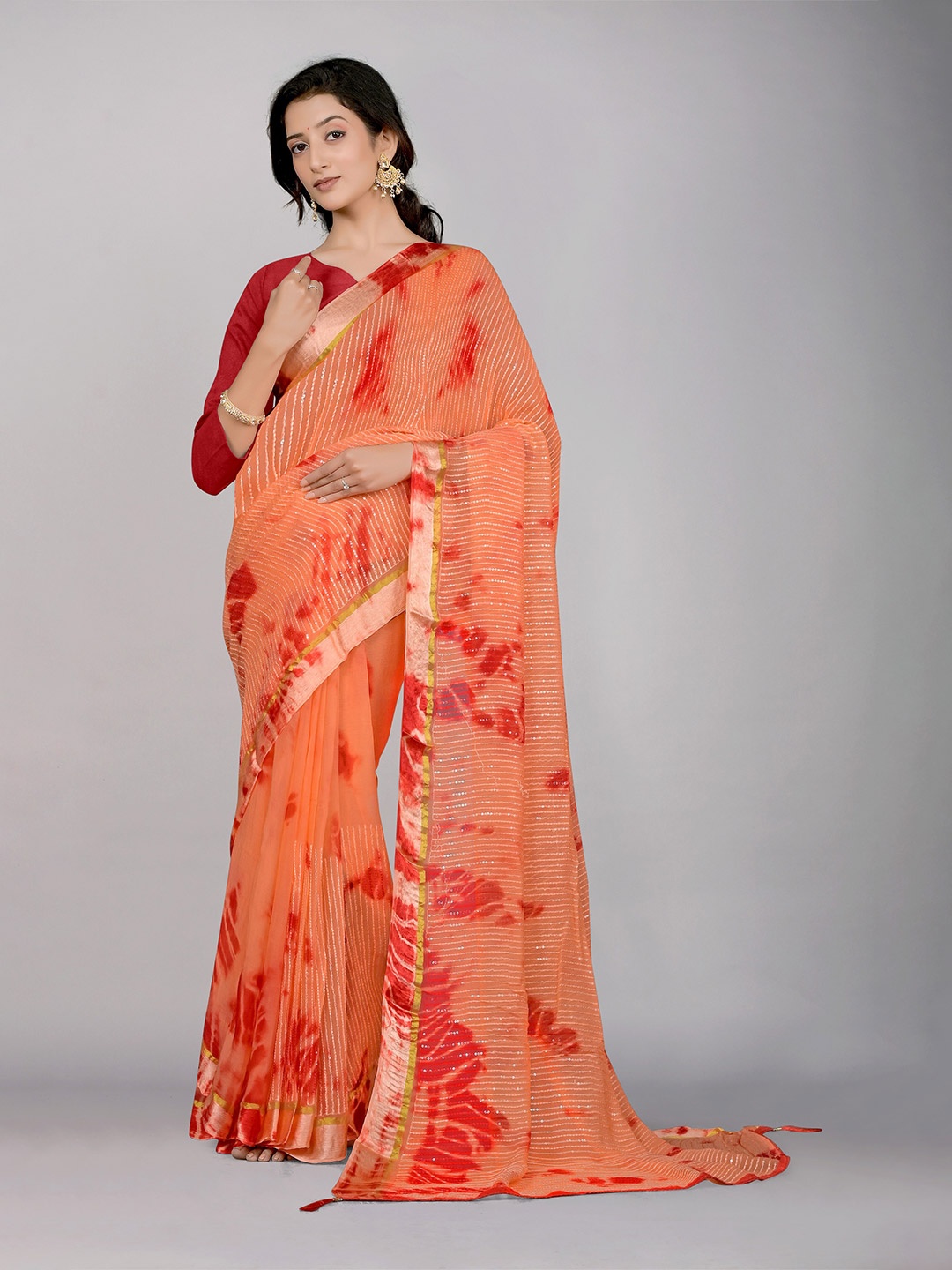 

KAJREE Tie and Dye Sequinned Pure Chiffon Saree, Peach
