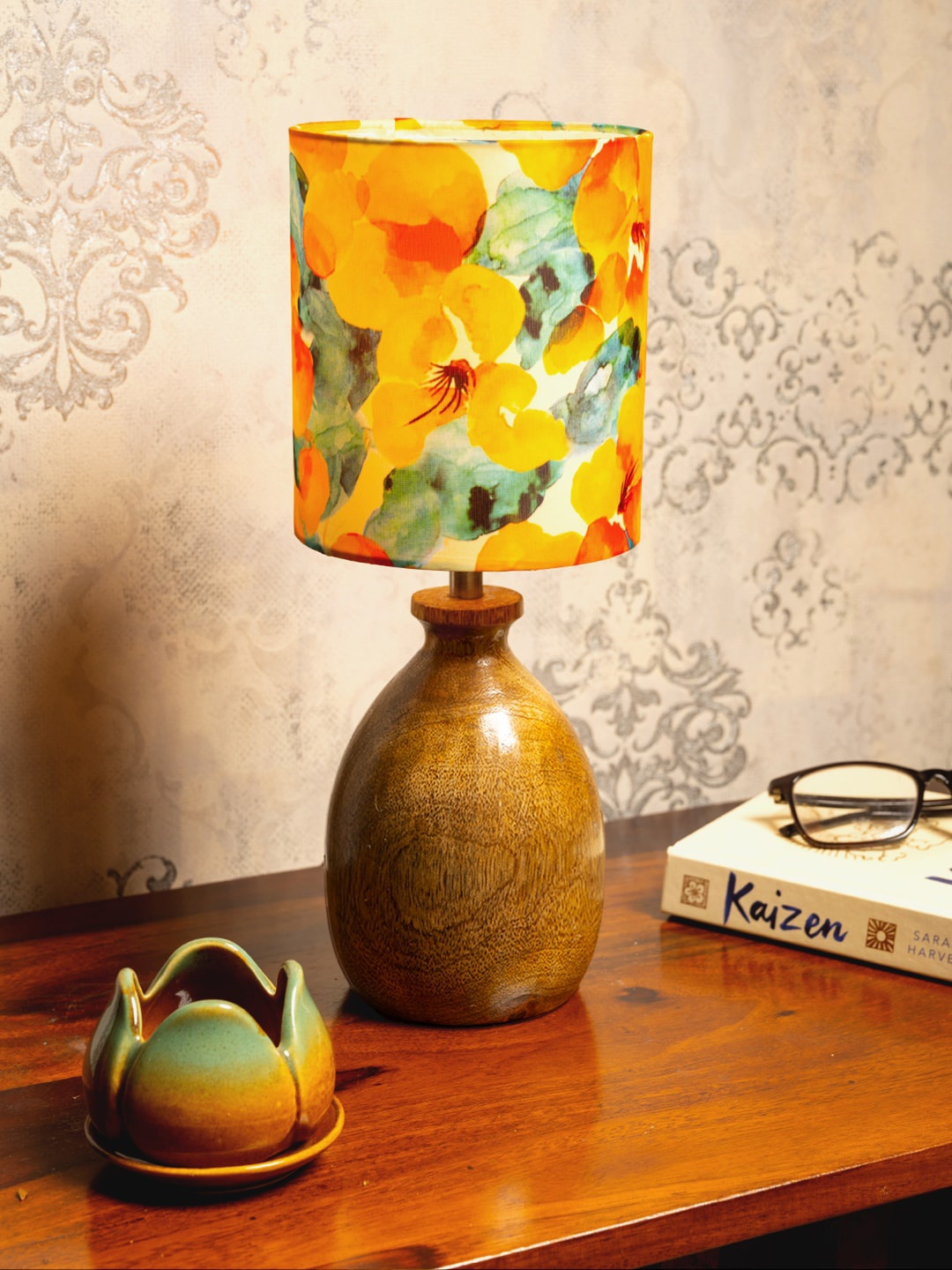

green girgit Brown & Orange Floral Printed Cylinder Shape Shade Wooden Base Table Lamp