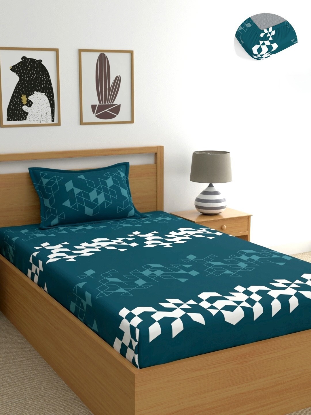 

Dreamscape Teal & White Geometric Cotton Fitted 140 TC Single Bedsheet With 1 Pillow Cover