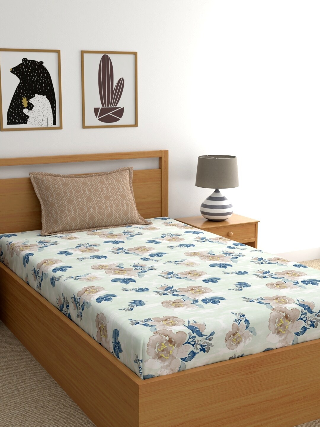 

Home Ecstasy Brown & Blue Floral Cotton 180 TC Single Bedsheet With 1 Pillow Cover