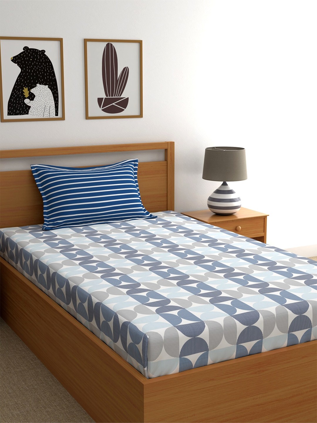 

Home Ecstasy Blue Geometric Pure Cotton 180 TC Single Bedsheet with 1 Pillow Cover