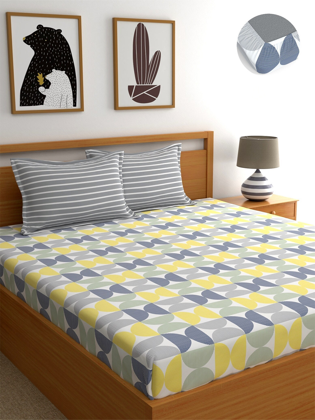 

Home Ecstasy Grey & Yellow Pure Cotton 180 TC King Fitted Bedsheet & 2 Pillow Covers
