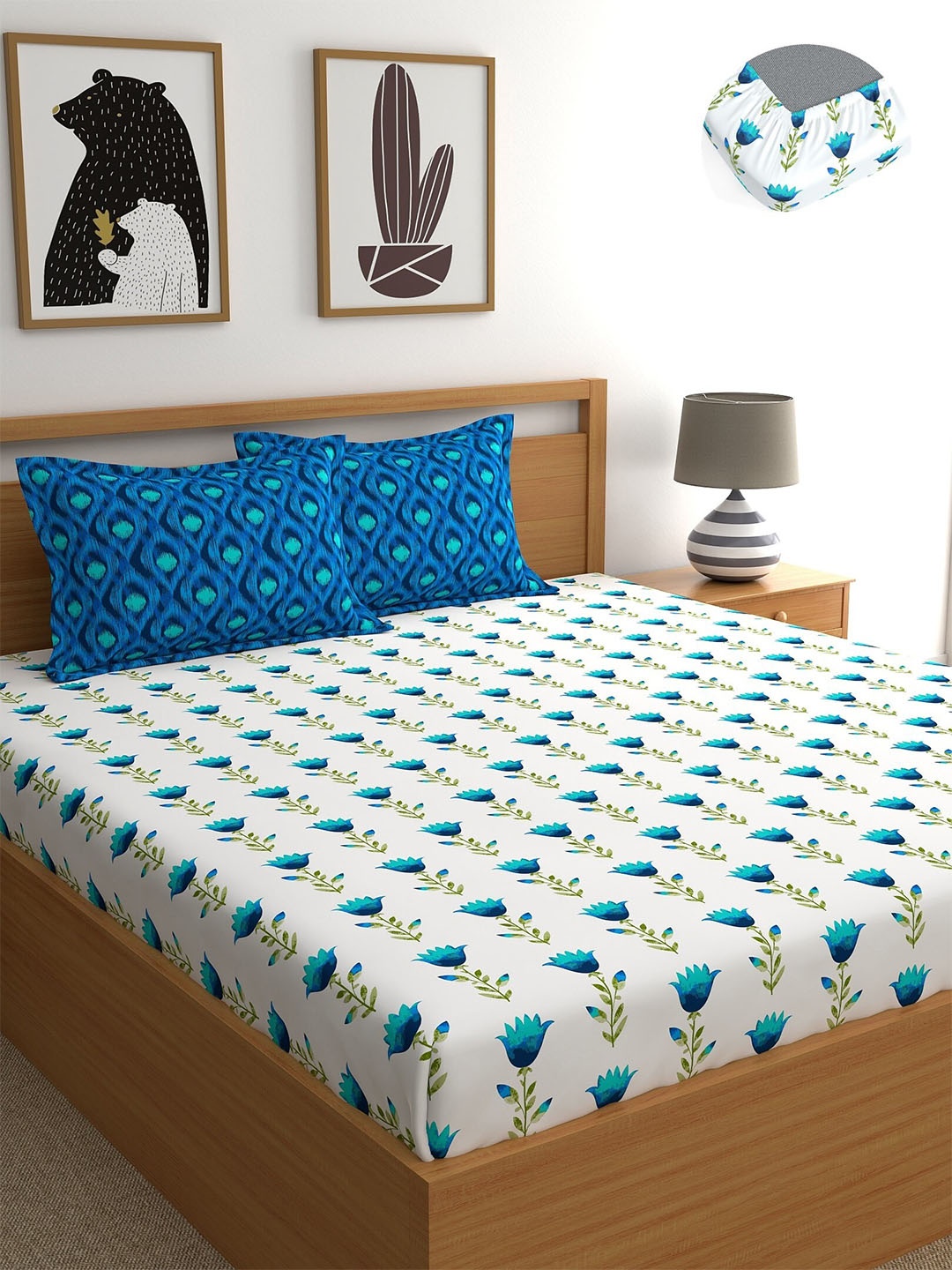 

Home Ecstasy Blue & White Floral Cotton Fitted 180 TC King Bedsheet With 2 Pillow Covers