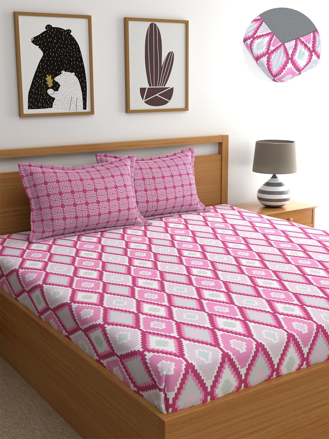 

Home Ecstasy Pink Geometric Pure Cotton 180 TC Fitted King Bedsheet With 2 Pillow Covers