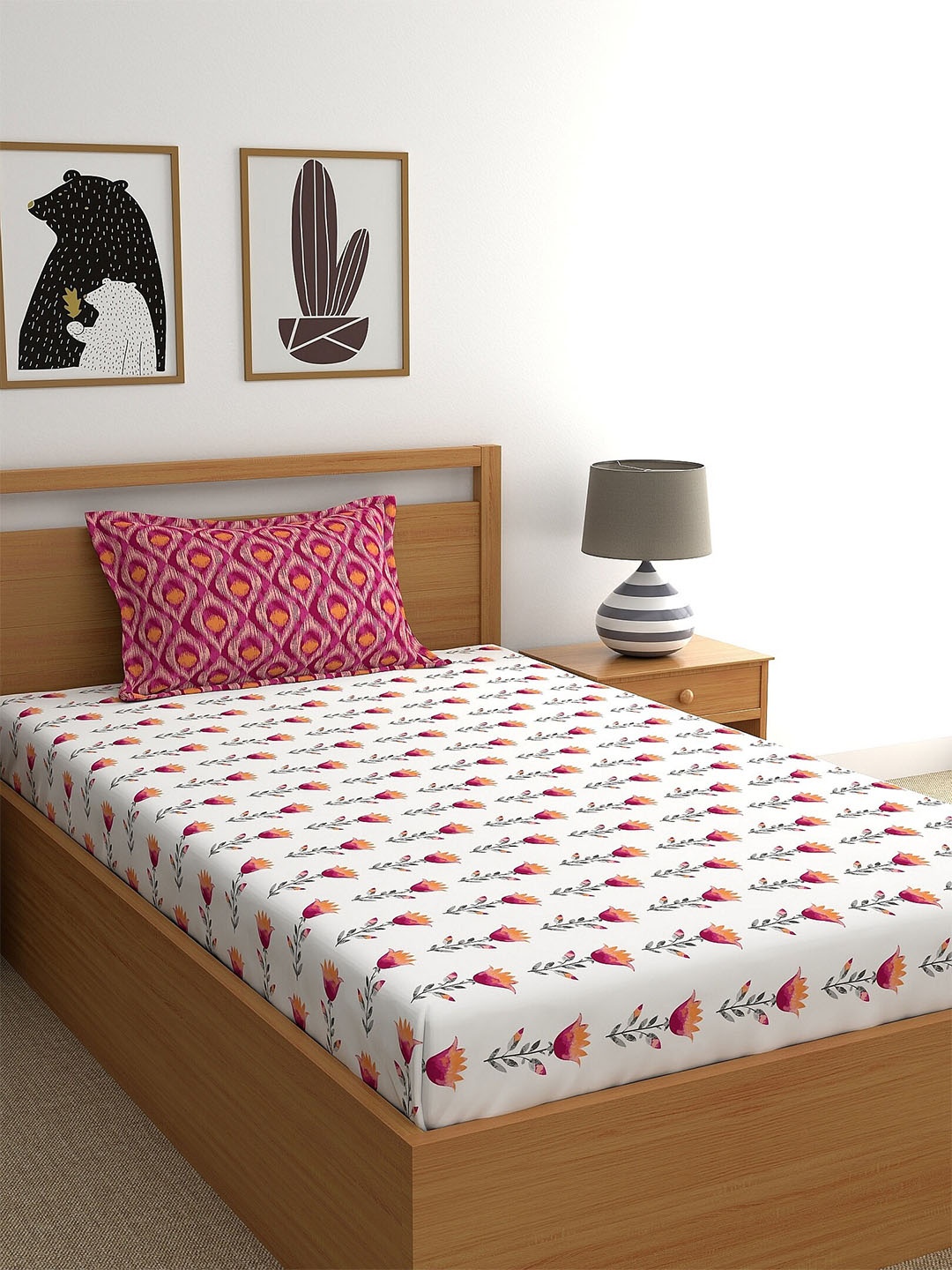 

Home Ecstasy White & Pink Floral Pure Cotton 180 TC Single Bedsheet with 1 Pillow Cover