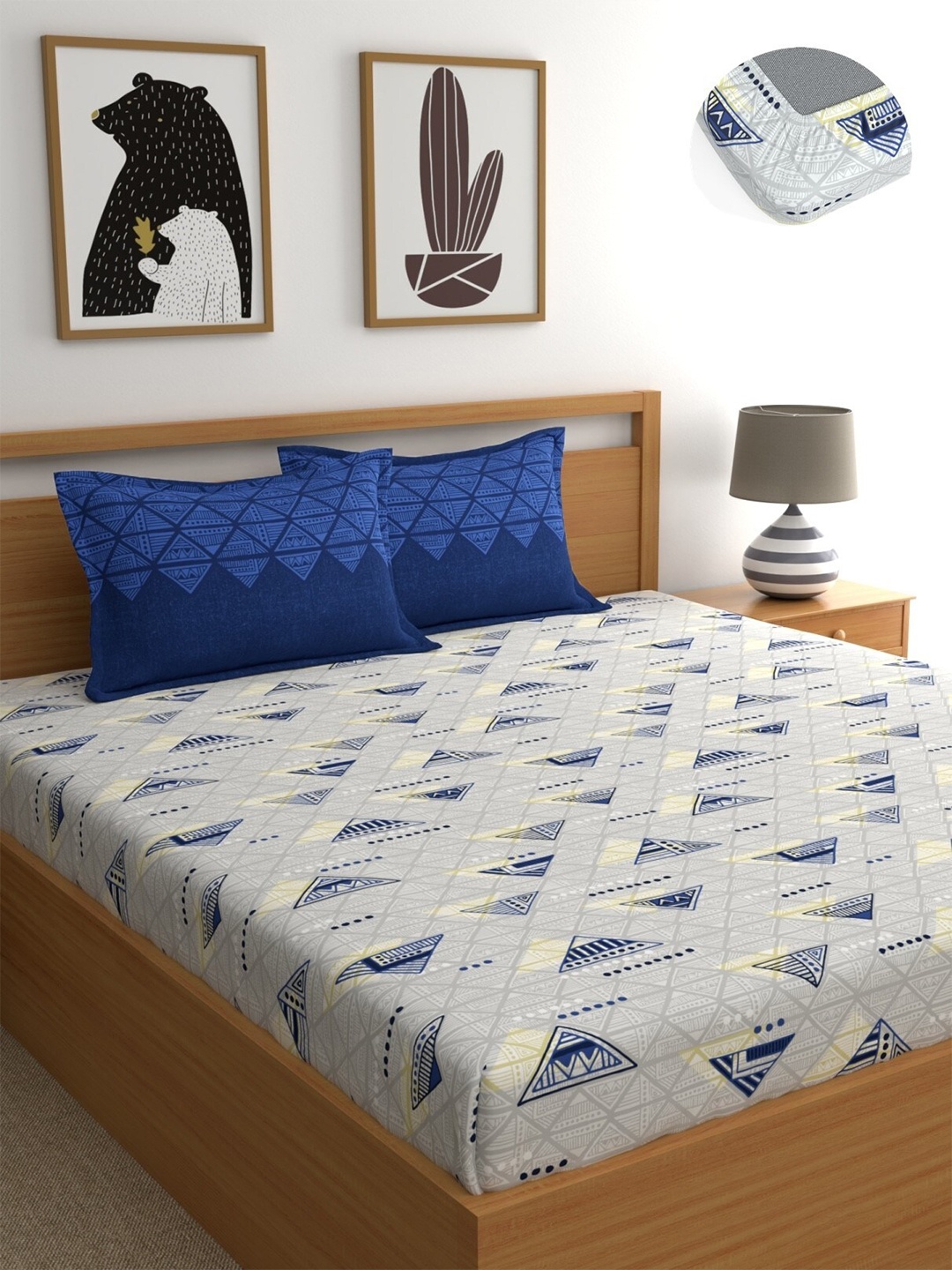 

Home Ecstasy Blue Geometric Pure Cotton 140 TC Fitted King Bedsheet With 2 Pillow Covers