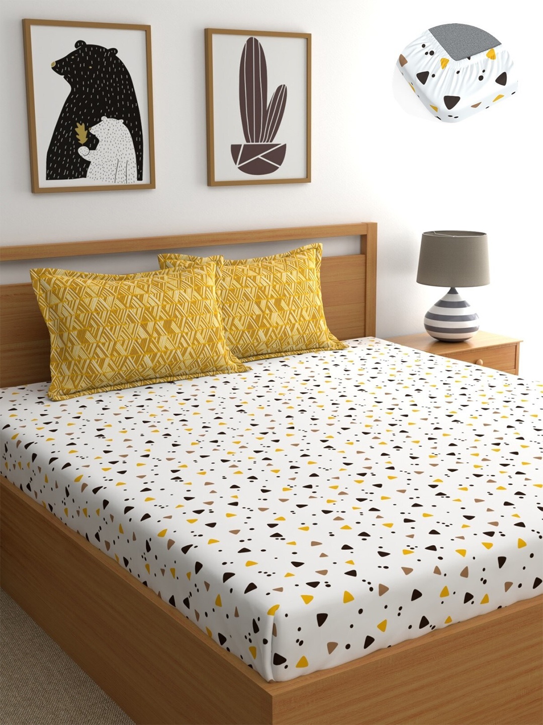 

Home Ecstasy White & Mustard Yellow Pure Cotton 140 TC King Fitted Bedsheet Set