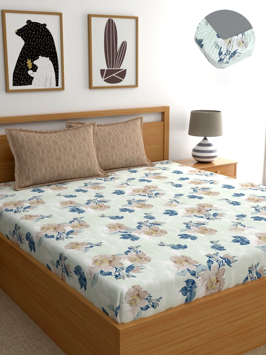

Home Ecstasy Sea Green & Brown Pure Cotton 180 TC King Fitted Bedsheet & 2 Pillow Covers