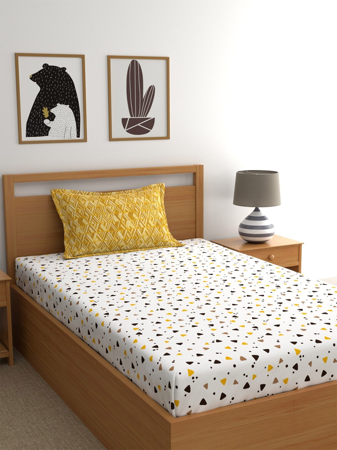 

Home Ecstasy White & Mustard Geometric Pure Cotton 140 TC Single Bedsheet & 1 Pillow Cover