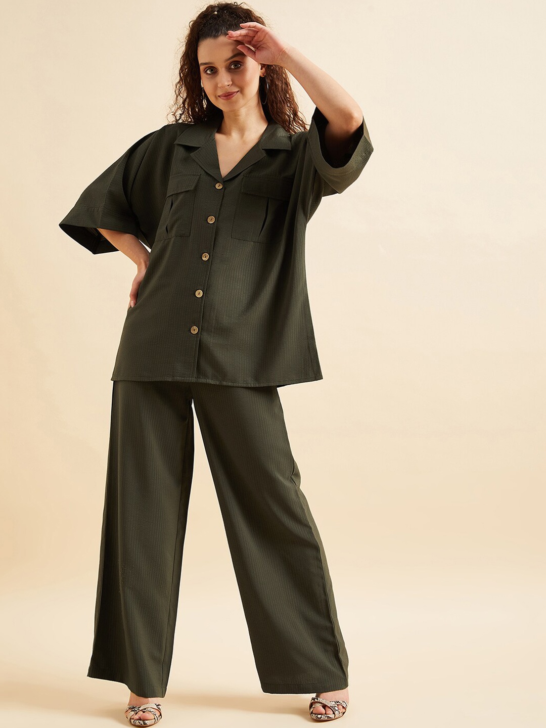 

PANIT Self Design Oversized Loose Fit Shirt With Trouser Co-Ords, Olive