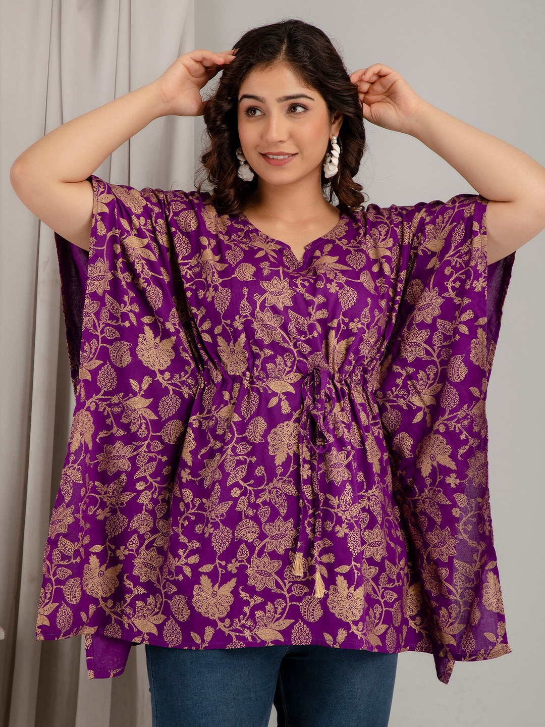 

Mialo fashion Ethnic Motifs Foil Printed Flared Sleeves Kaftan Kurti, Purple