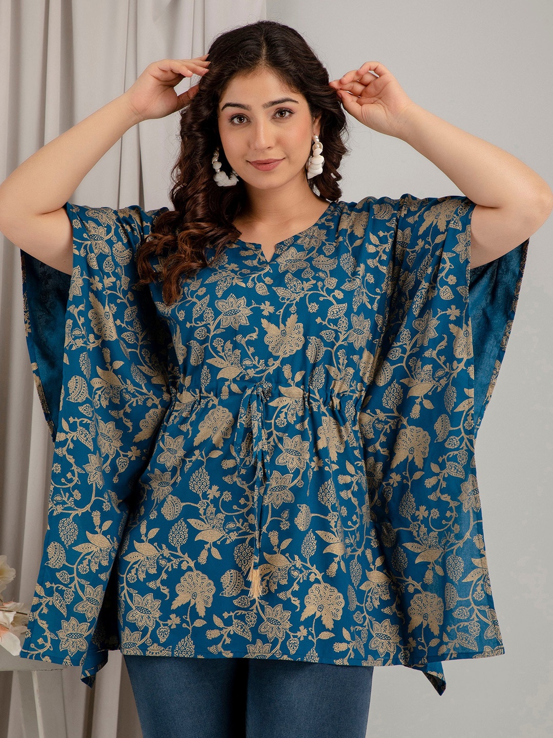 

Mialo fashion Ethnic Motifs Foil Printed Flared Sleeves Kaftan Kurti, Teal