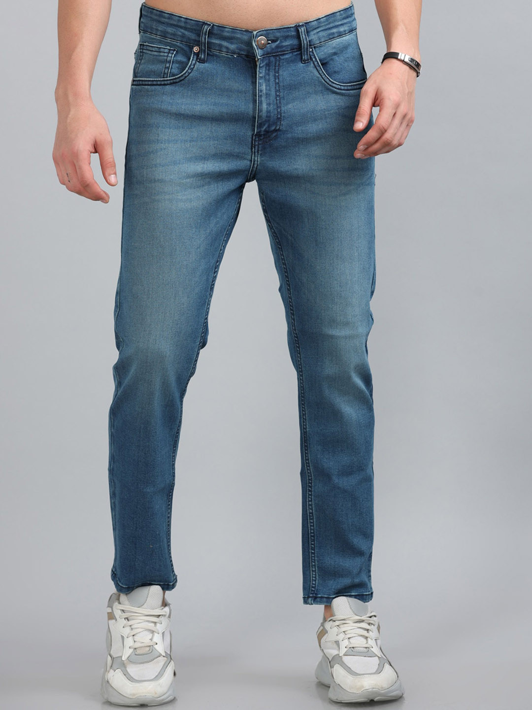 

Bushirt Men Slim Fit Mid-Rise Light Fade Cotton Stretchable Jeans, Blue
