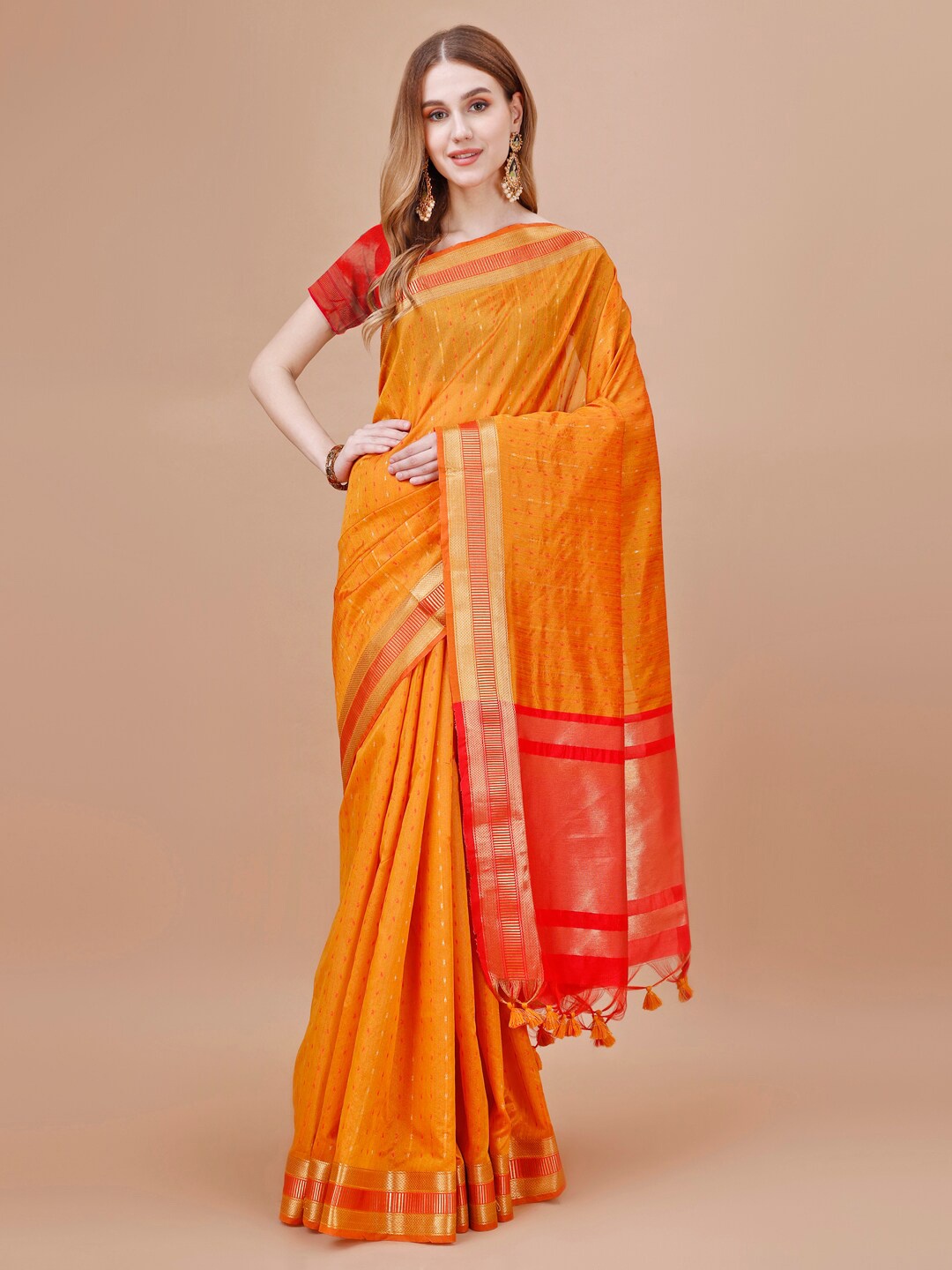 

MAGMINA Striped Zari Pure Silk Saree, Mustard