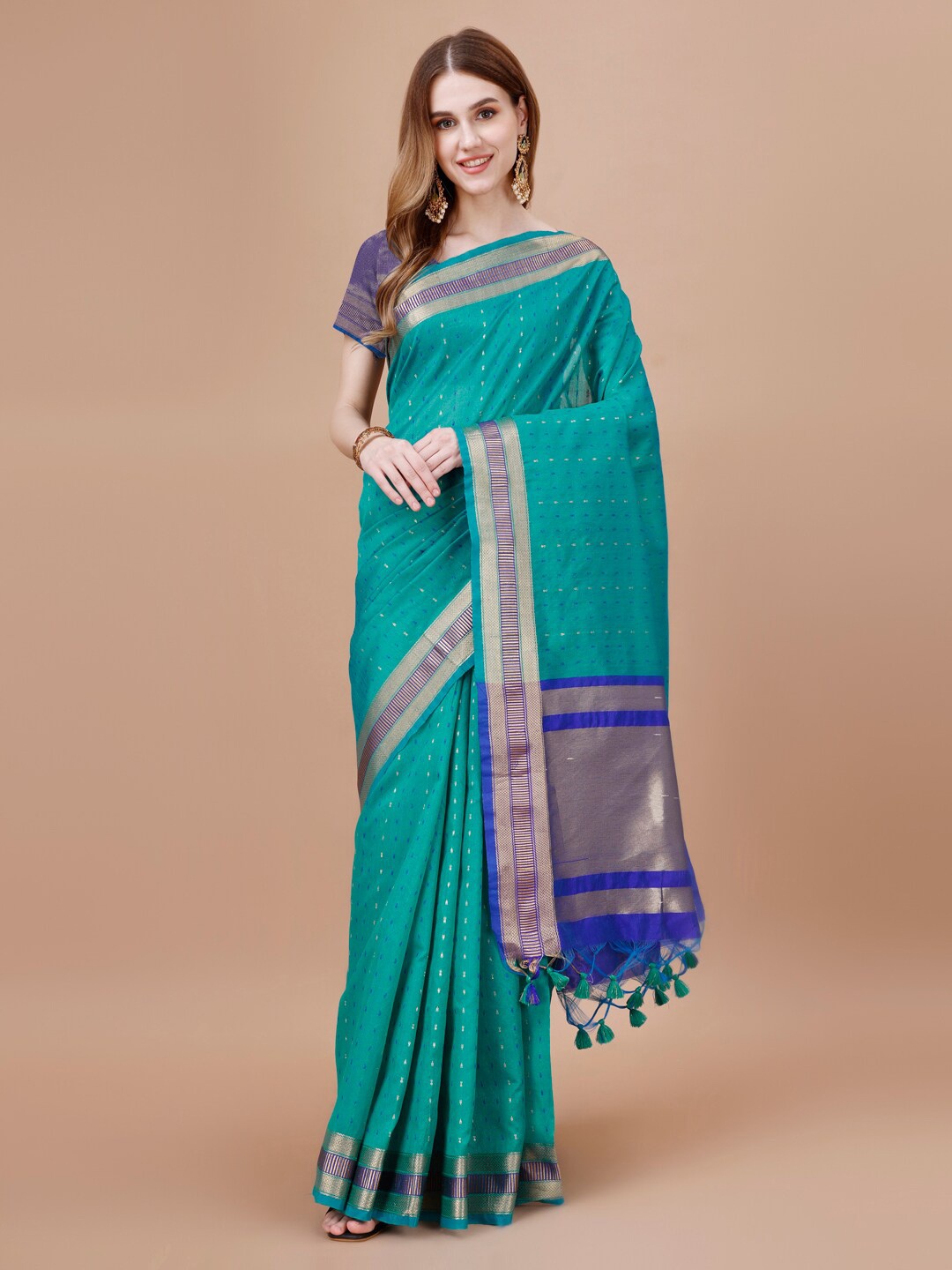 

MAGMINA Woven Design Zari Pure Silk Banarasi Saree, Turquoise blue