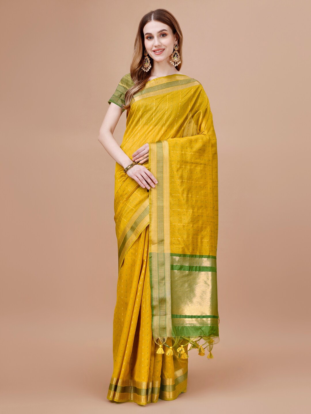 

MAGMINA Striped Woven Design Zari Pure Silk Banarasi Saree, Yellow