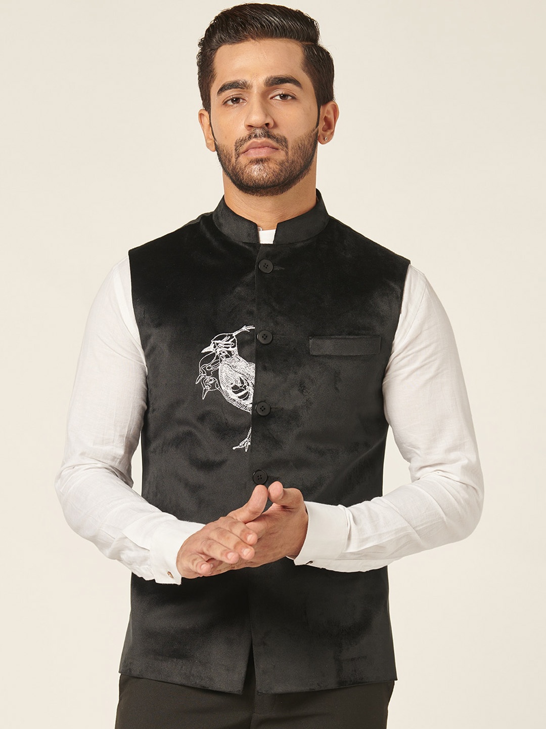 

MR BUTTON Embroidered-detail Velvet Nehru Jacket, Black