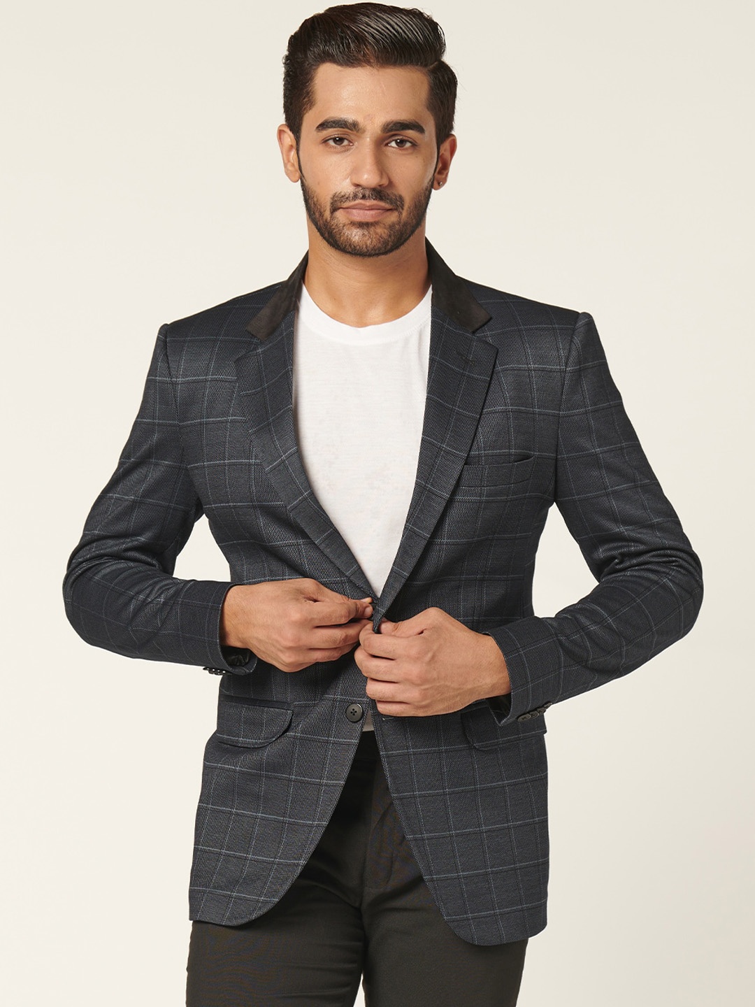 

MR BUTTON Men Checked Slim-Fit Single-Breasted Blazer, Grey