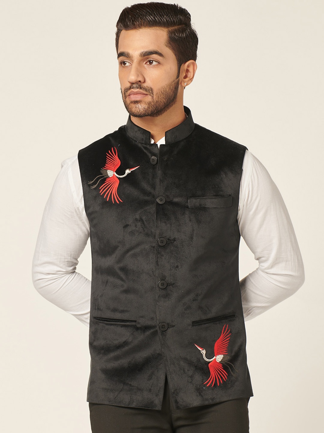 

MR BUTTON Mandarin Collar Embroidered Detail Velvet Nehru Jackets, Black