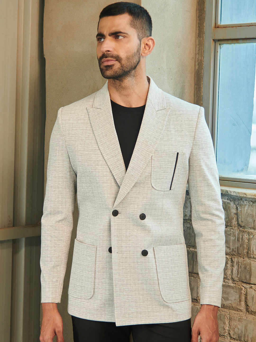 

MR BUTTON Self Design Single-Breasted Casual Blazer, Grey
