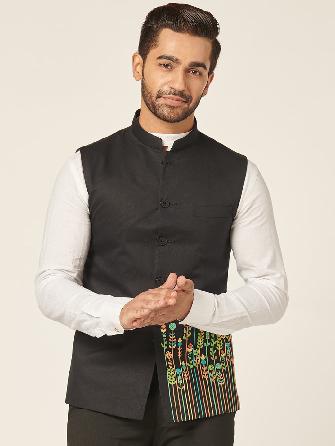 

MR BUTTON Velvet Mandarin Collar Nehru Jacket, Black