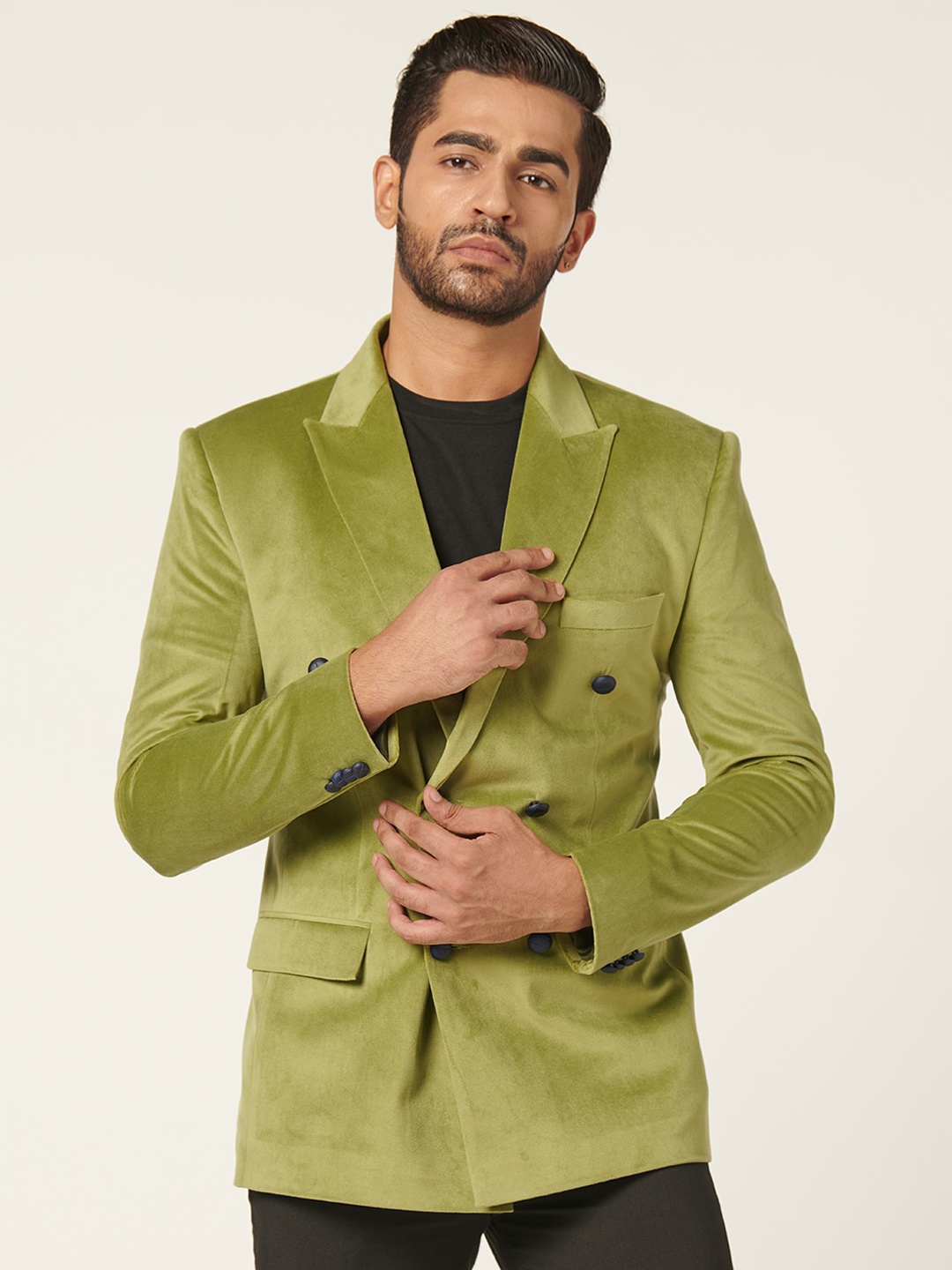 

MR BUTTON Slim-Fit Peaked Lapel Collar Double-Breasted Velvet Casual Blazer, Green