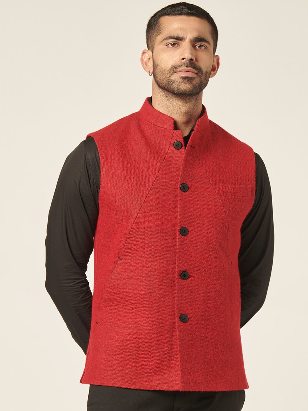 

MR BUTTON Velvet Mandarin Collar Nehru Jacket, Red