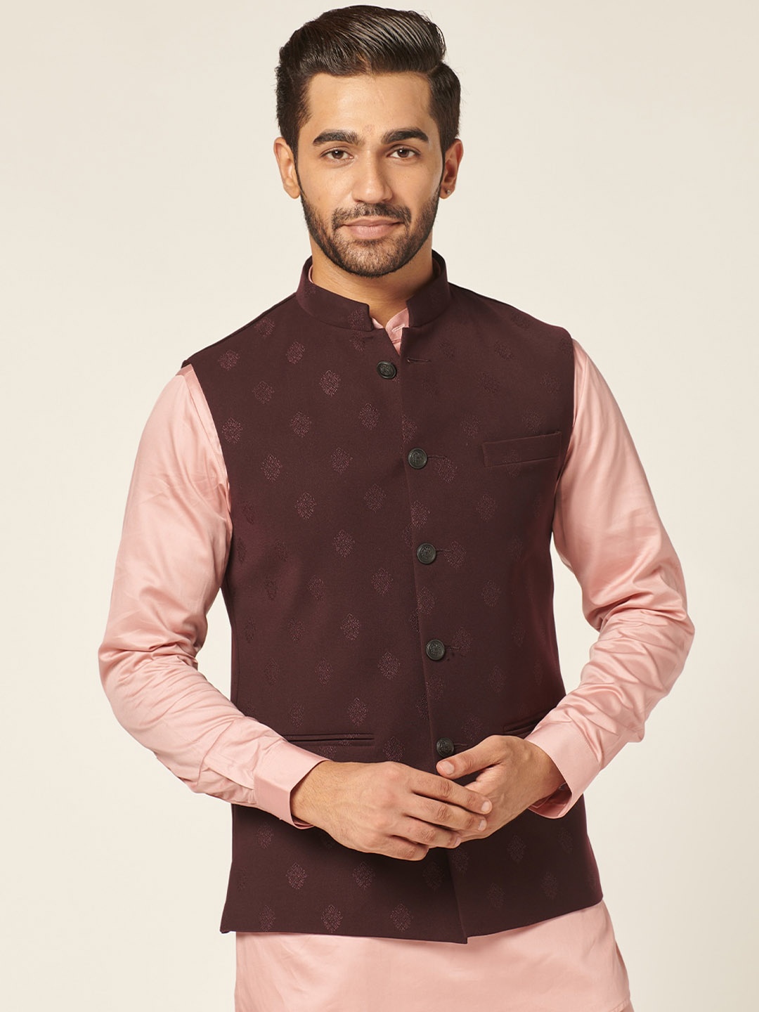 

MR BUTTON Woven Design Mandarin Collar Nehru Jacket, Burgundy